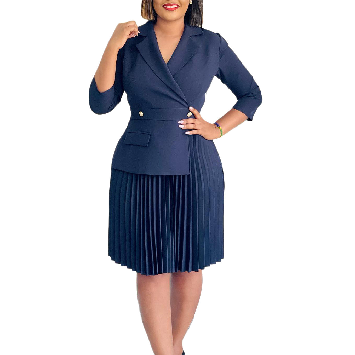 Women's Fashion Elegant Collar Solid Color Pleated Dresses