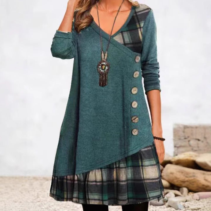 Women's Casual Patchwork Button Long Sleeve Dress