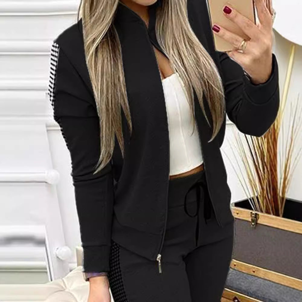Women's Long Sports Zipper Stitching Plaid Clothing