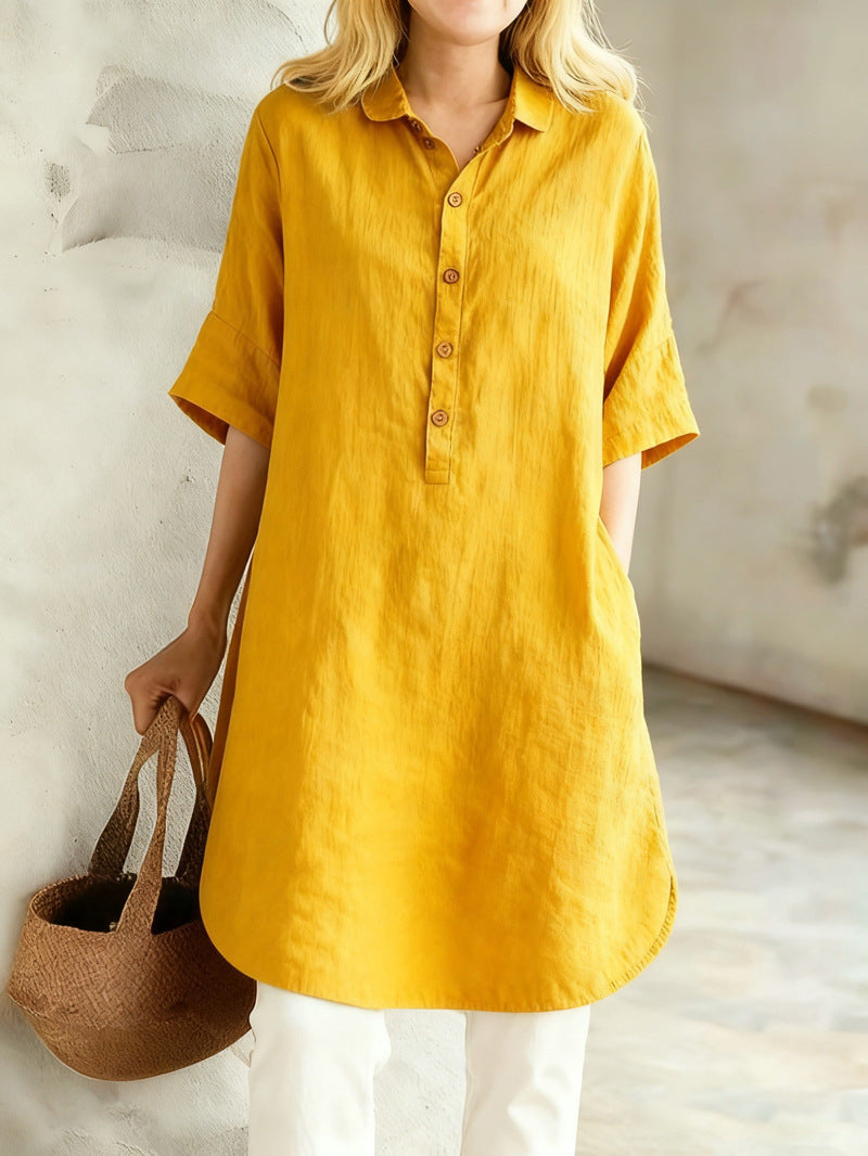 Casual Cotton Linen Sleeve Loose Shirt Dress