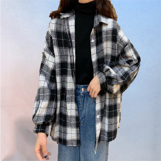 Women's Retro Style Plaid Long-sleeved Shirt Autumn Blouses