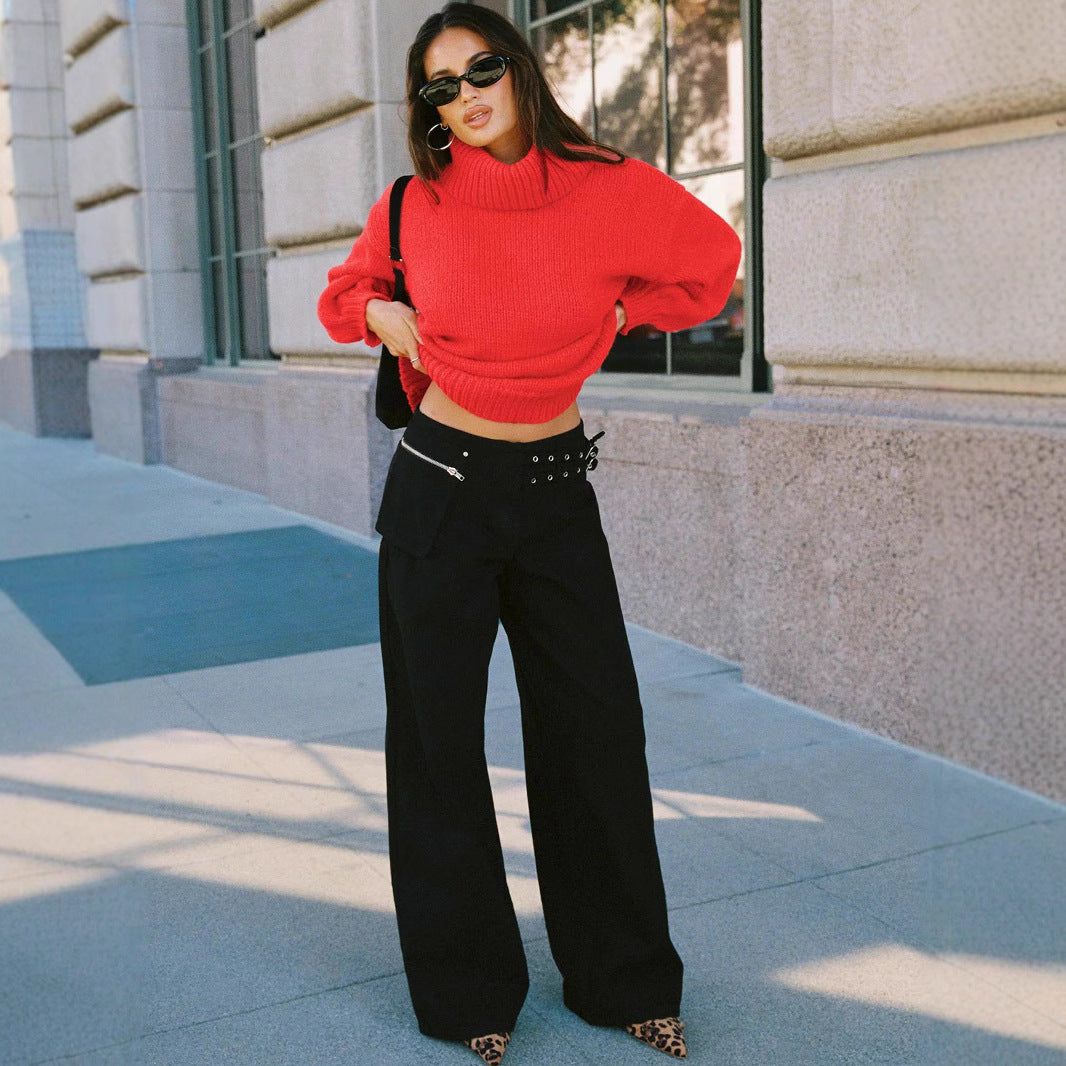 Women's Personality Street Adjustable Buckle Waist Side Pocket Detail Pants