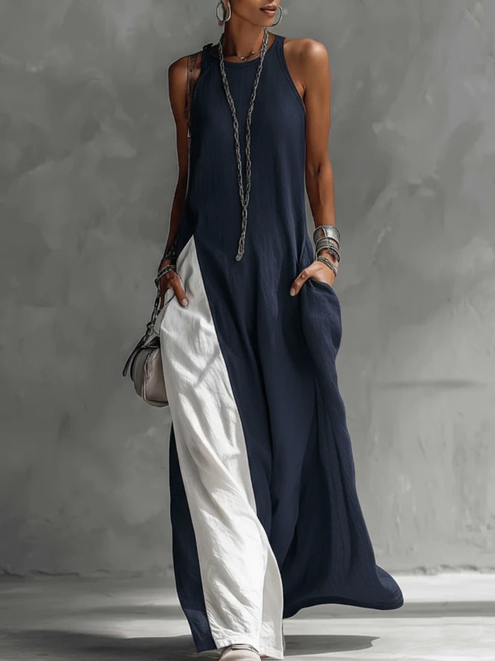 Women's Sleeveless Loose Pockets Contrast Color Casual Dress