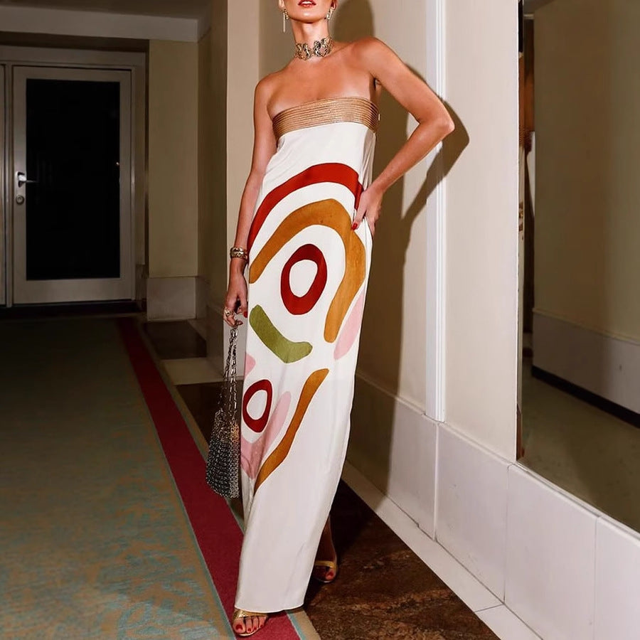 Women's Sexy Fashion Tube Satin Positioning Printing Dresses