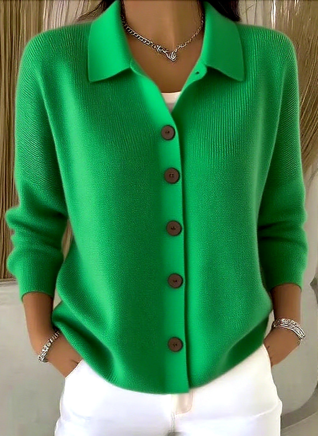 Women's Button Knitted Lapel Solid Color Casual Fashion Sweater