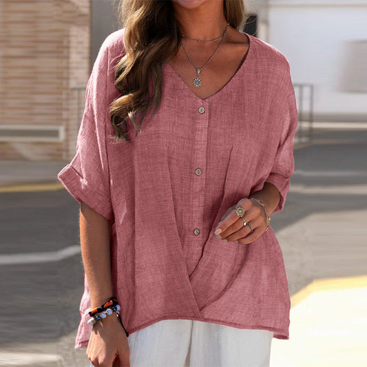 Women's Cotton Linen Button Pullover Sleeve Loose Tops