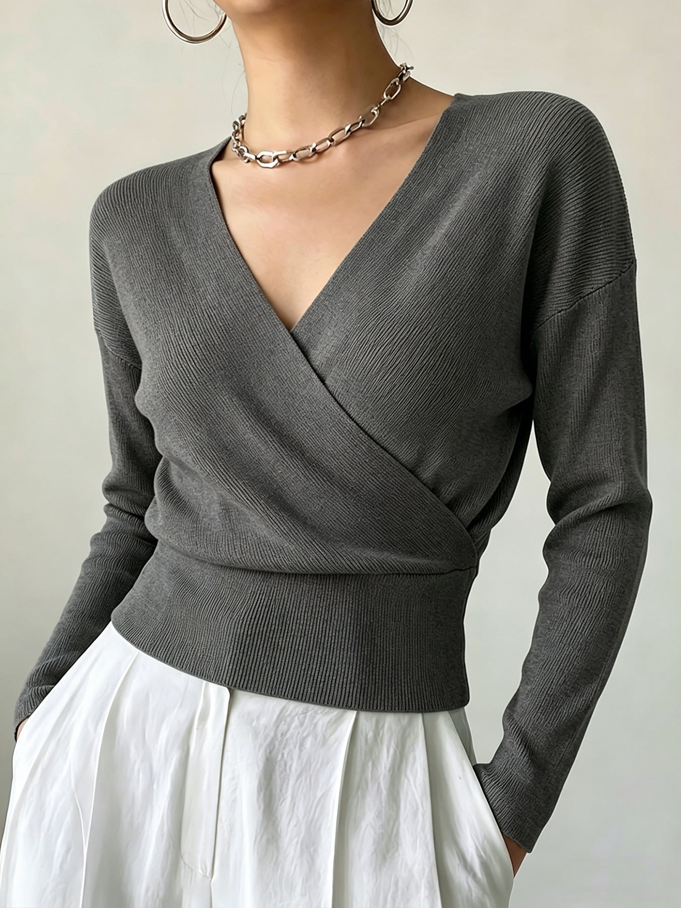 Women's Solid Color Fashion Cross Collar Tight Waist Design Show Figure Sweaters