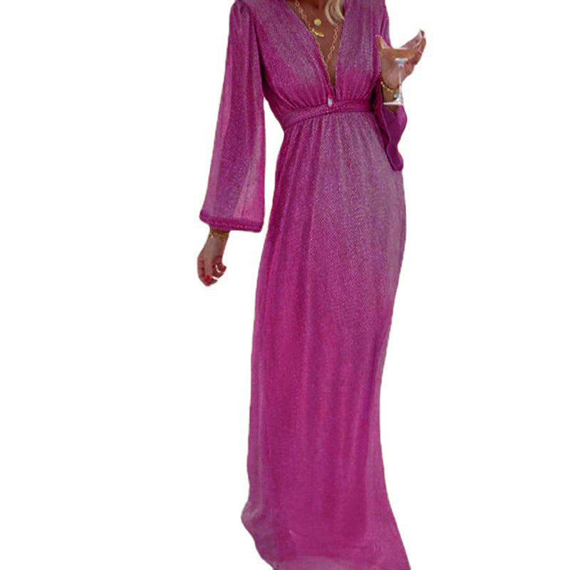 Women's Fashion Beige Collar Long Sleeve Sequins Dresses