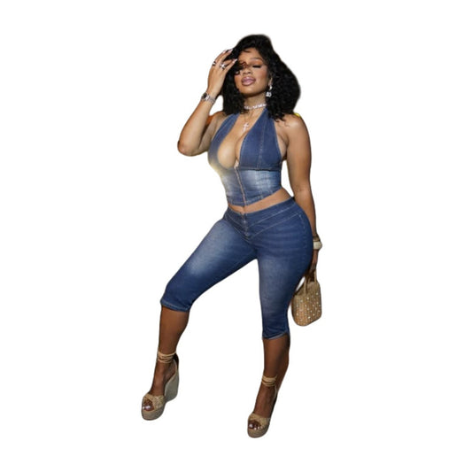 Women's Tube Halter Denim Cropped Stretch Fashion Suits