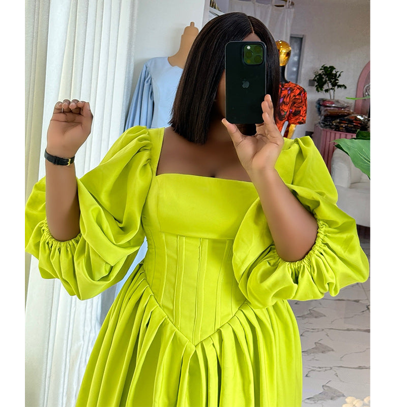 Women's Square Collar Lantern Sleeve High Waist Slimming A- Dresses