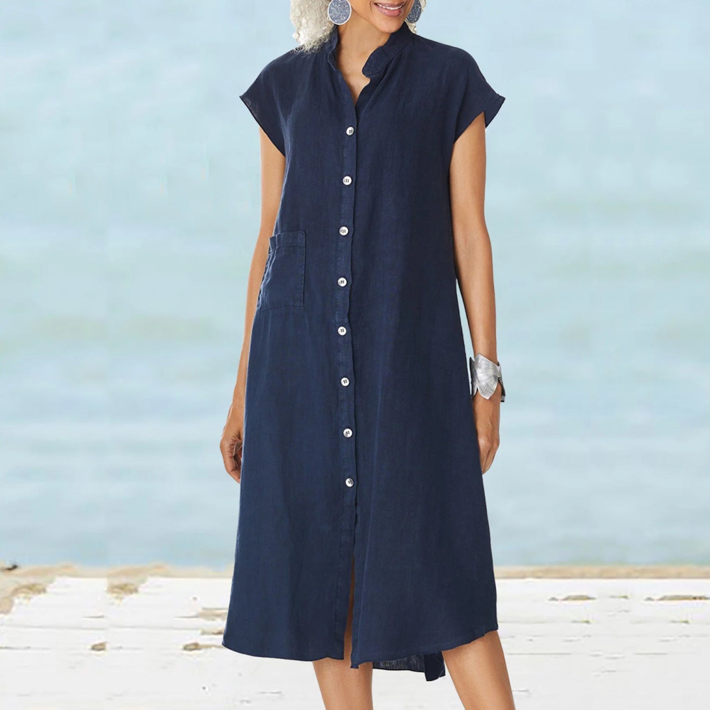Women's Single-breasted Cotton Small Stand Collar Pocket Dress