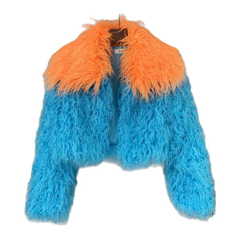 Women's Contrast Color Imitation Wool Faux Fur Coats