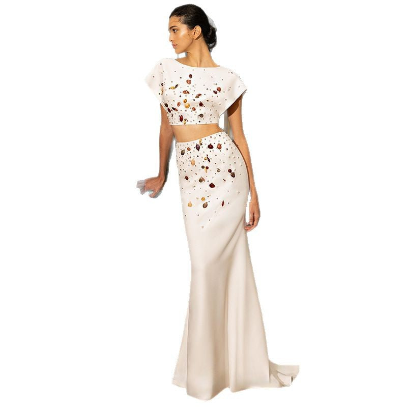 Shell Beads Rhinestones Fishtail Mid-length Dress Fashion Casual Suit