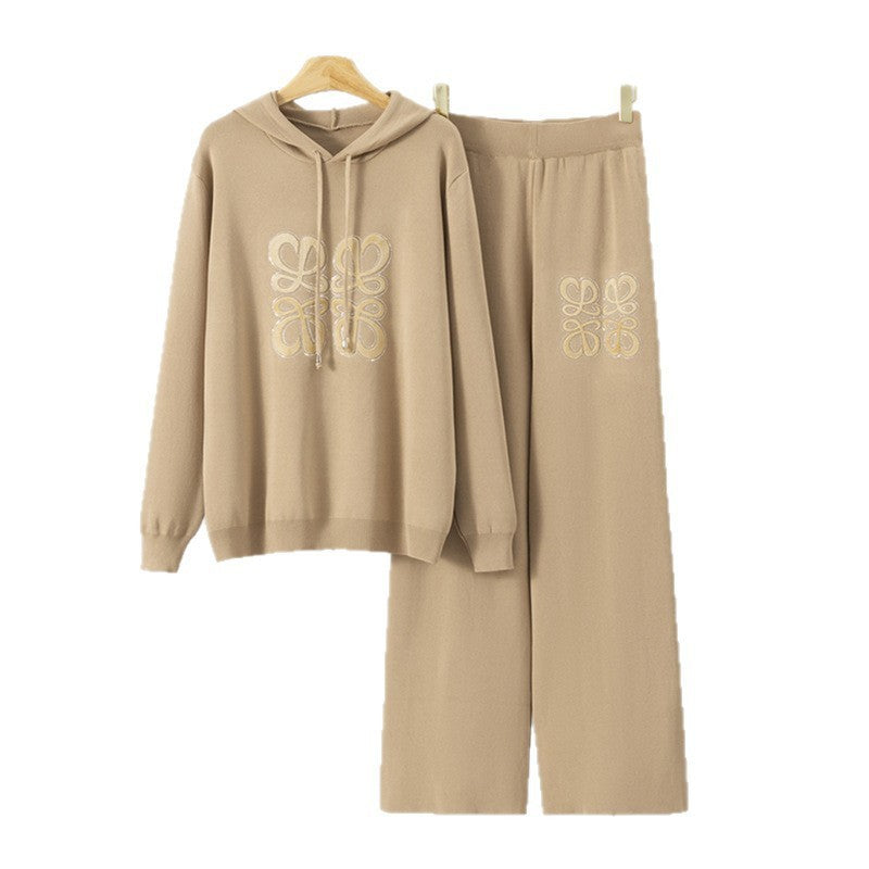 Women's Graceful Knitting Hooded Casual Wide Leg Suits