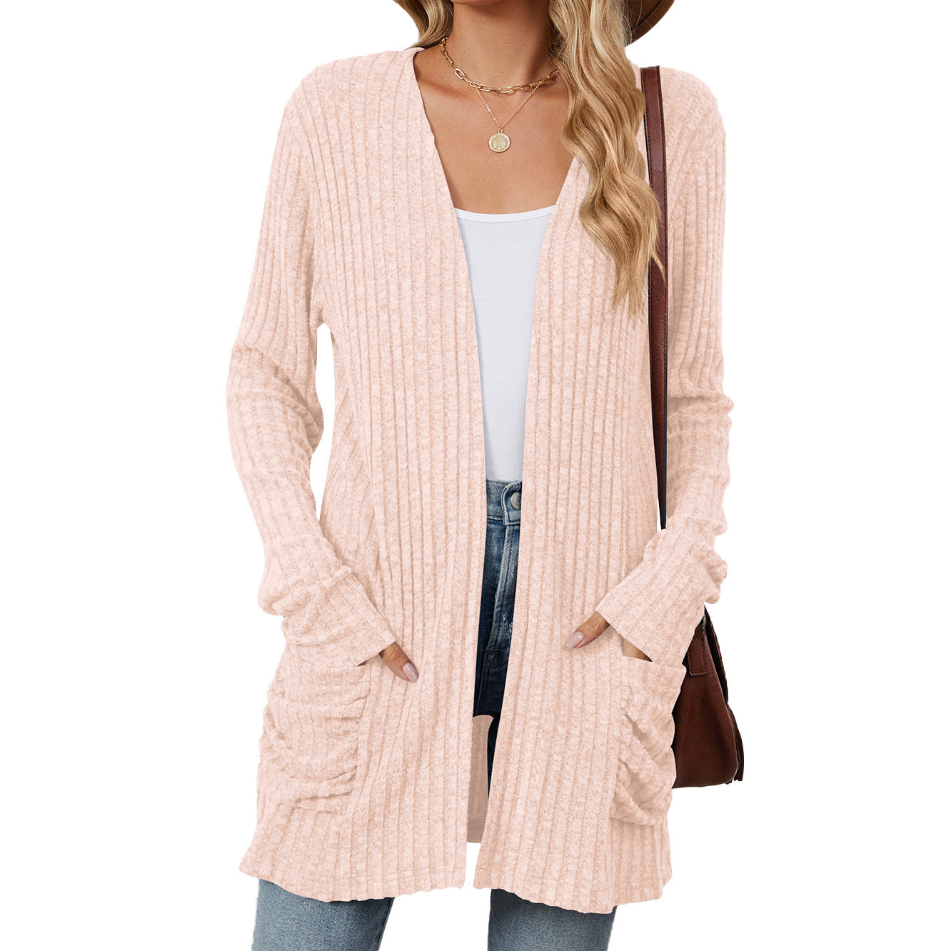 Solid Color Pocket Long Sleeve Bottoming Knitwear