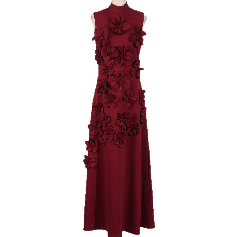 Women's Long Dress Stitching Three-dimensional Flower High Waist Design Dresses