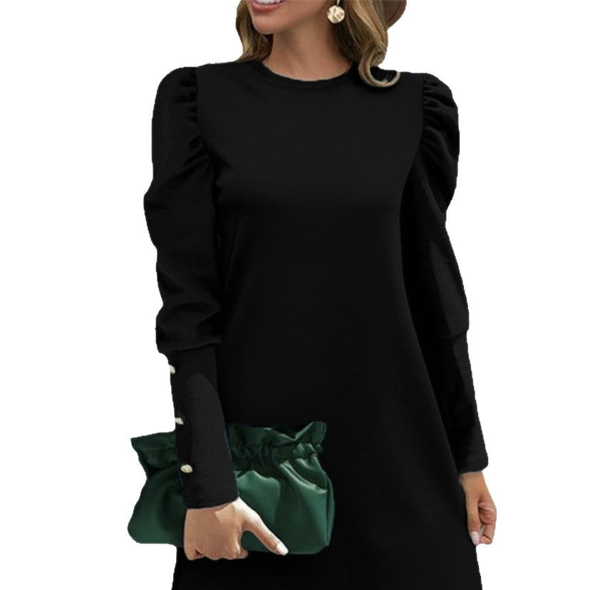Women's Solid Color Round Neck Bubble Long Dress