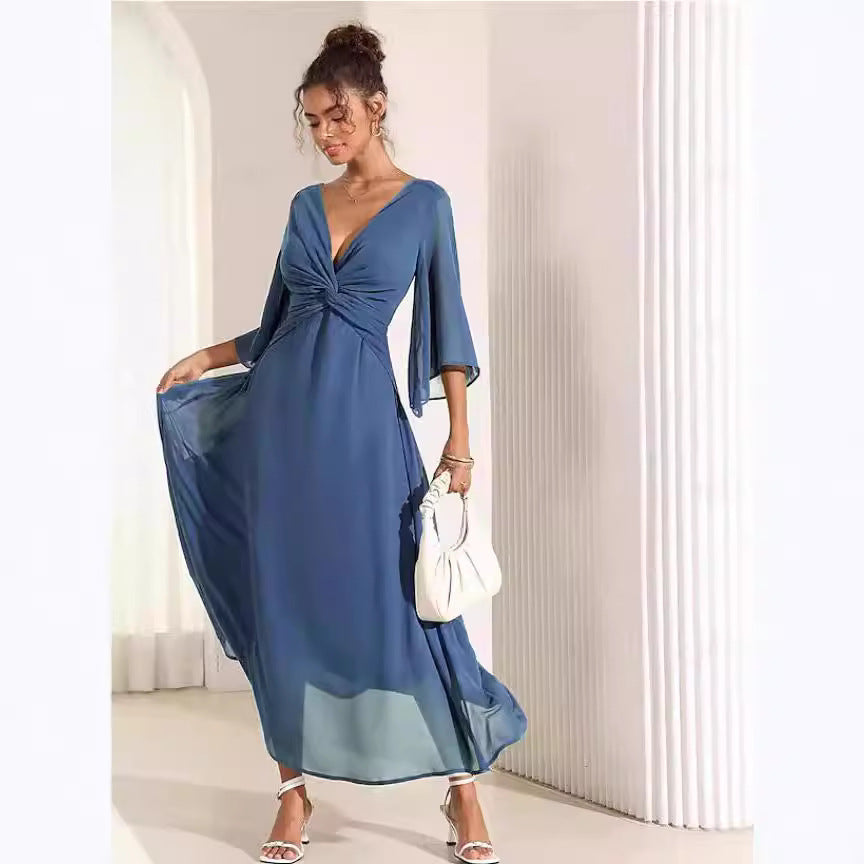 Solid Color Collar Bell Sleeve Maxi Party Dress