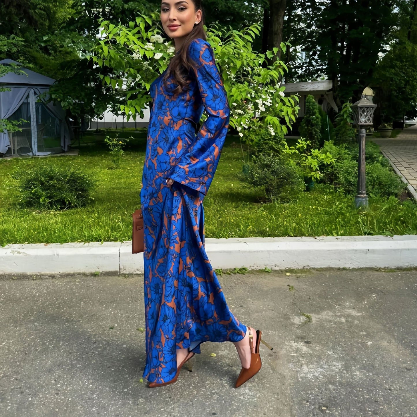 Fashionable Temperament Printed Long-sleeved Waist Dress Dresses