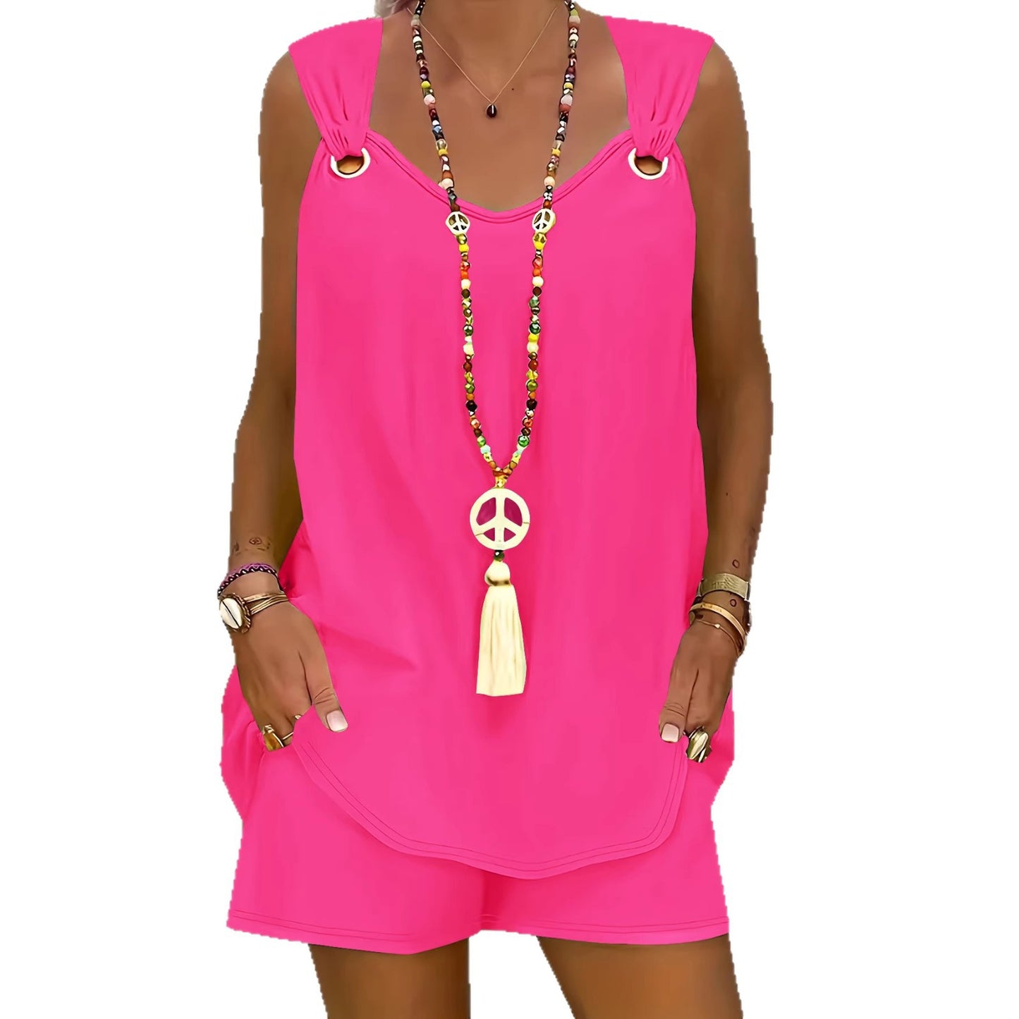 Round Neck Solid Color Two-piece Set Sleeveless Fashion Casual Suit