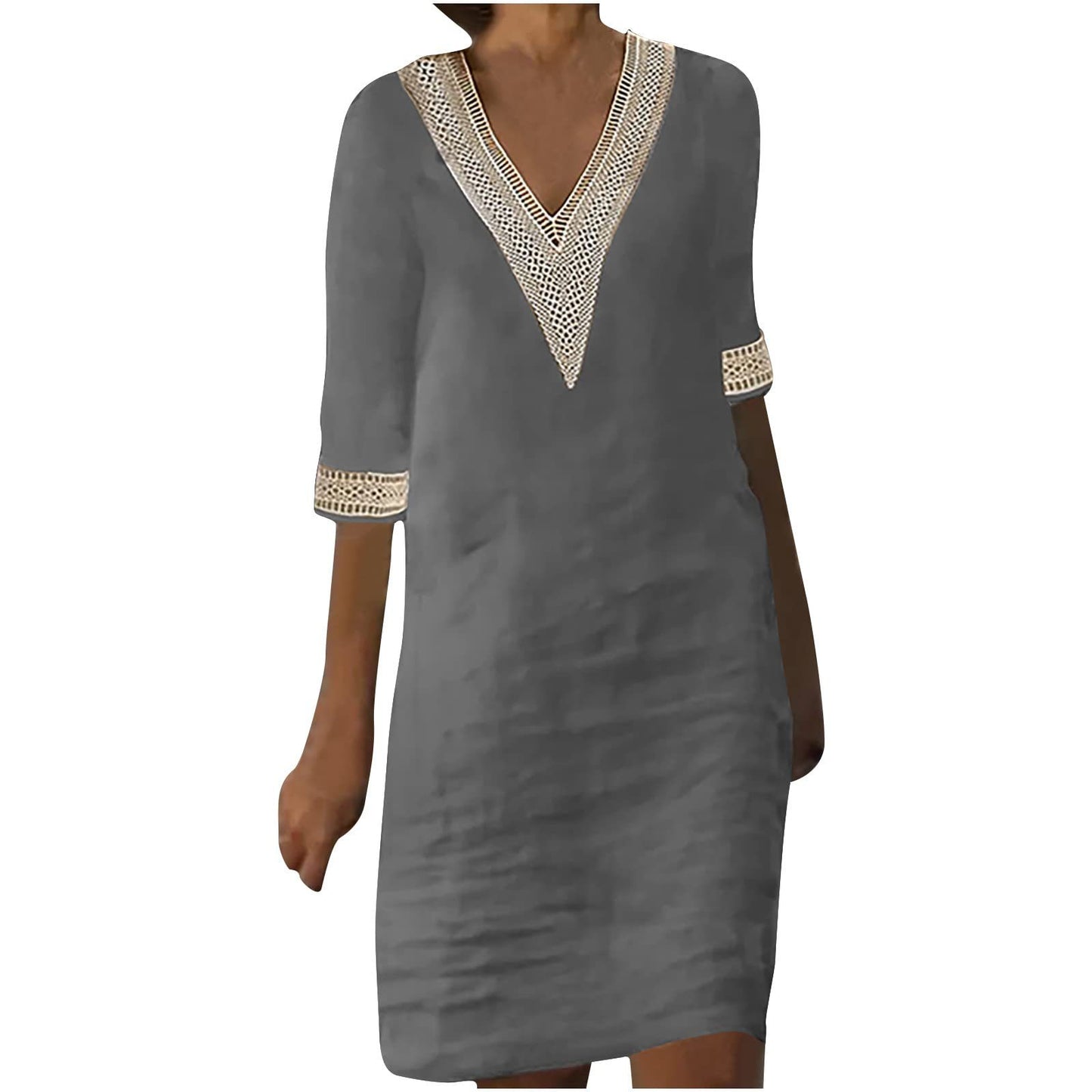 Women's Linen Small Lace Patchwork Retro Solid Dresses