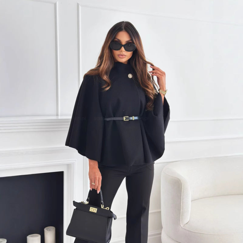Solid Color Waist Tight Strap Woolen Coats