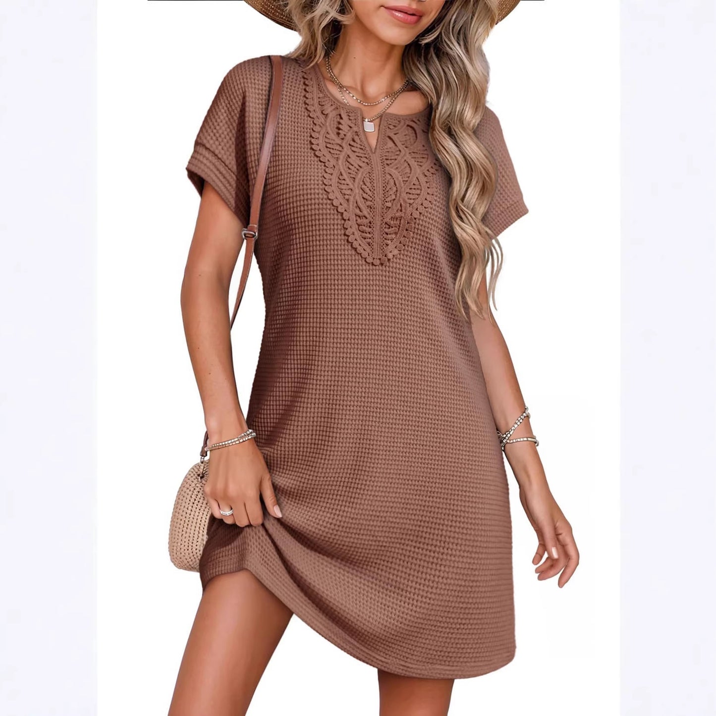 Women's Pineapple Plaid Lace Short-sleeved Casual For Dress