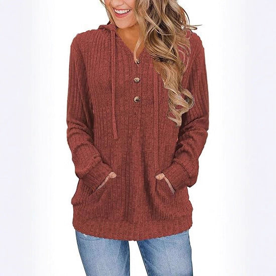 Women's Long Sleeve Hoodie Brushed Sunken Stripe Solid Color Loose Casual Sweater