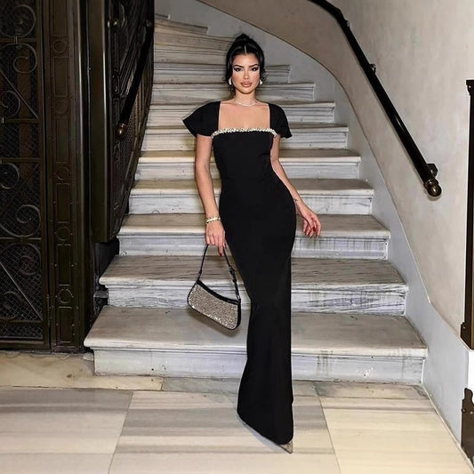Fashion Shoulder Sleeve Rhinestone Square Collar Dresses