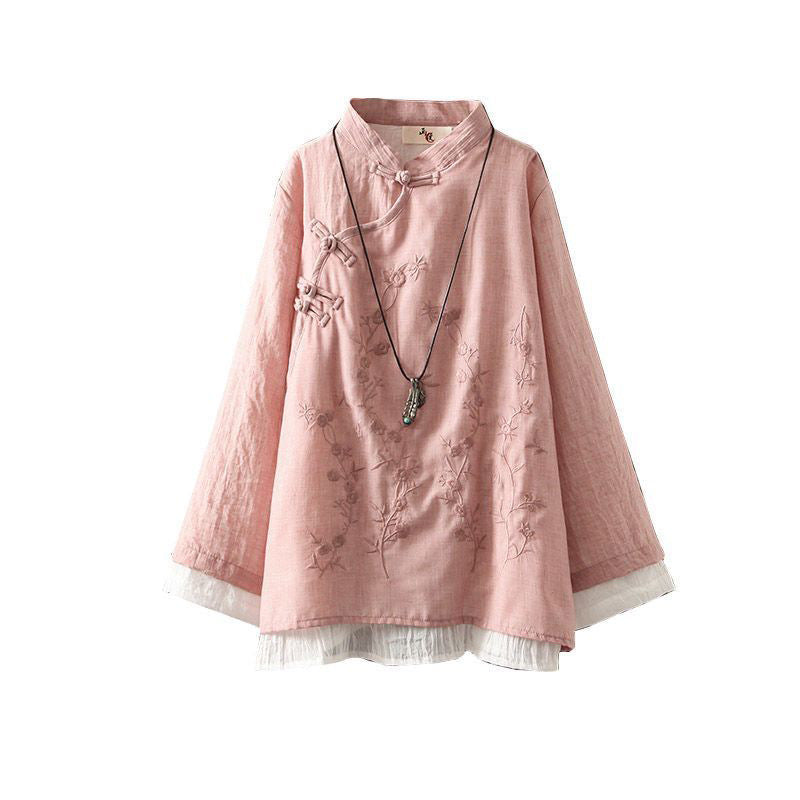 Women's Button Ramie Cotton Shirt Spring Style Zen Tea Gown Blouses