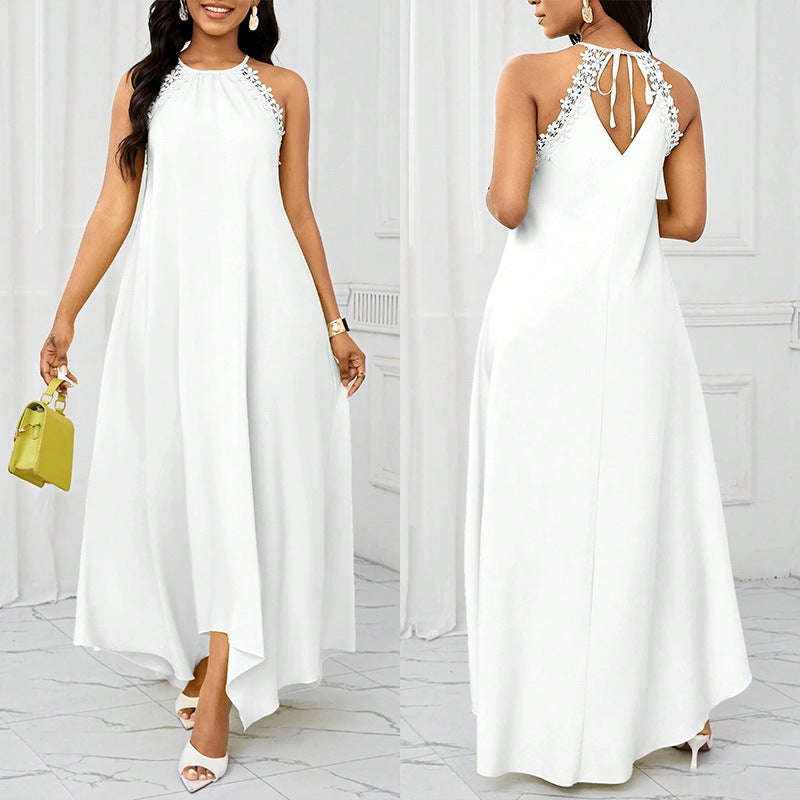 Summer White Elegant Holiday Suspender Lady Sexy Halter Backless Dress