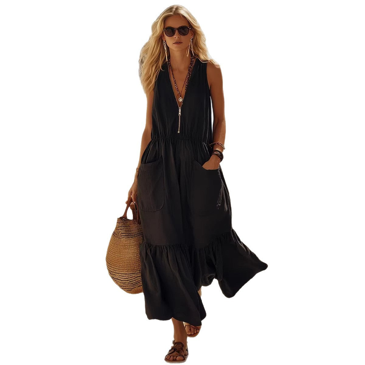 Sleeveless Vacation Style Large Swing Beach Dress