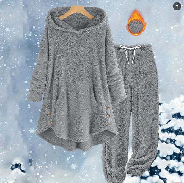 Women's Solid Color Plush Hooded Long Sleeve Suits