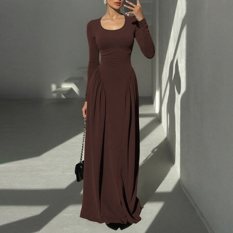 Women's French Elegant Temperament Pure Color Waist Trimming Lace Up Dress