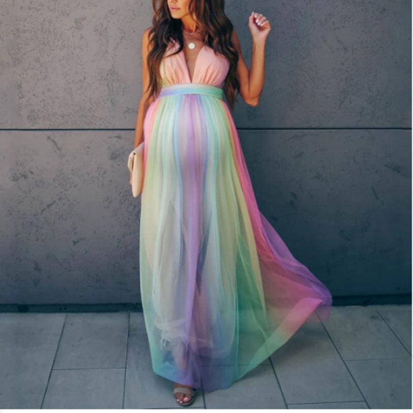 Women's Cotton Stitching Mesh Trailing Sleeve Long Dresses