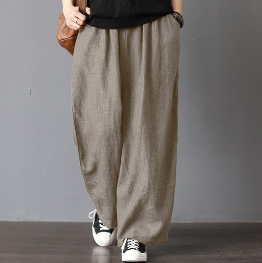 Women's Linen Casual Loose Mid Wide Leg Pants