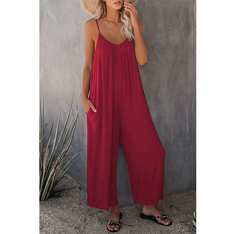 Women's Summer Trousers Solid Color Pocket Loose Pants