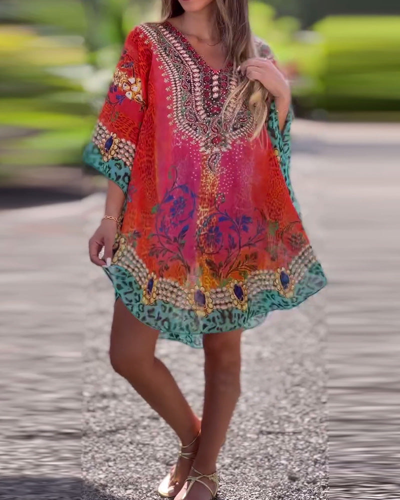 Women's Spring Fashion Ethnic Print Loose Smock Blouses