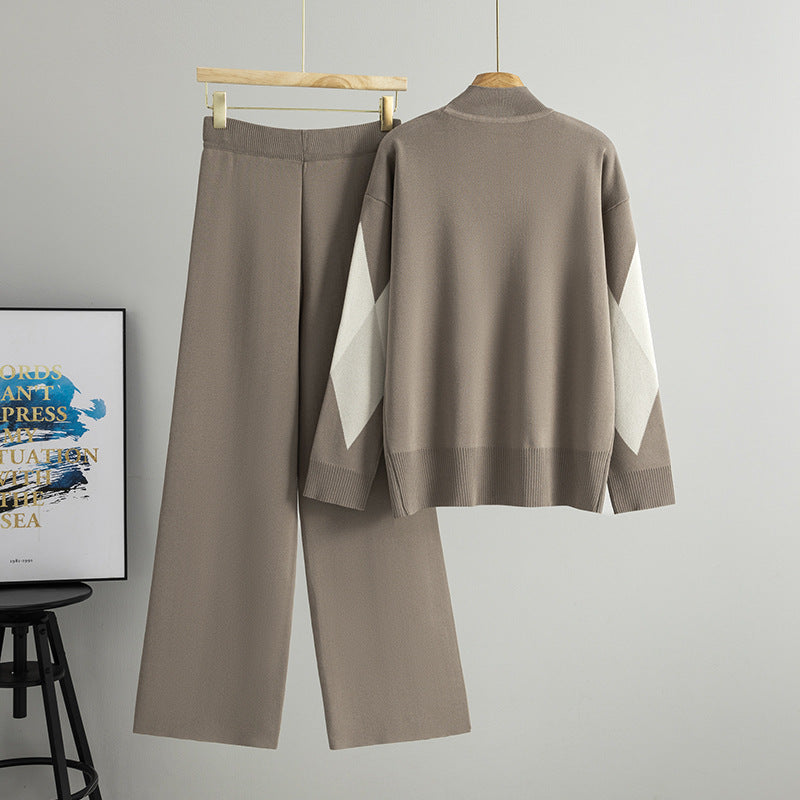Women's Rhombus Mock Neck Idle Style Two-piece Fashion Casual Suit