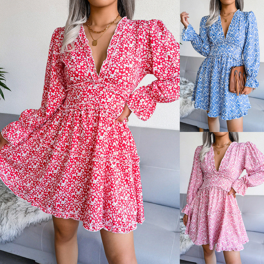 Women's Clearance Sexy Floral Fungus Long Sleeve Dress