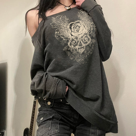 Women's Dark Retro Printed Shoulder Loose Pullover American Blouses