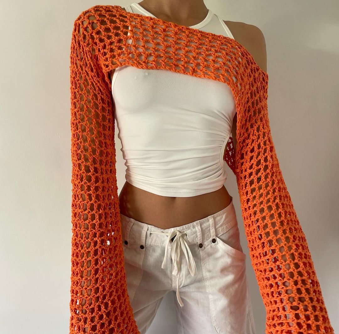 Women's Crochet Casual Bell Sleeve Sexy Mesh Women's Sweater