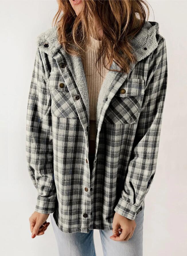 Women's Plaid Long Sleeve Furry Hooded With Coats