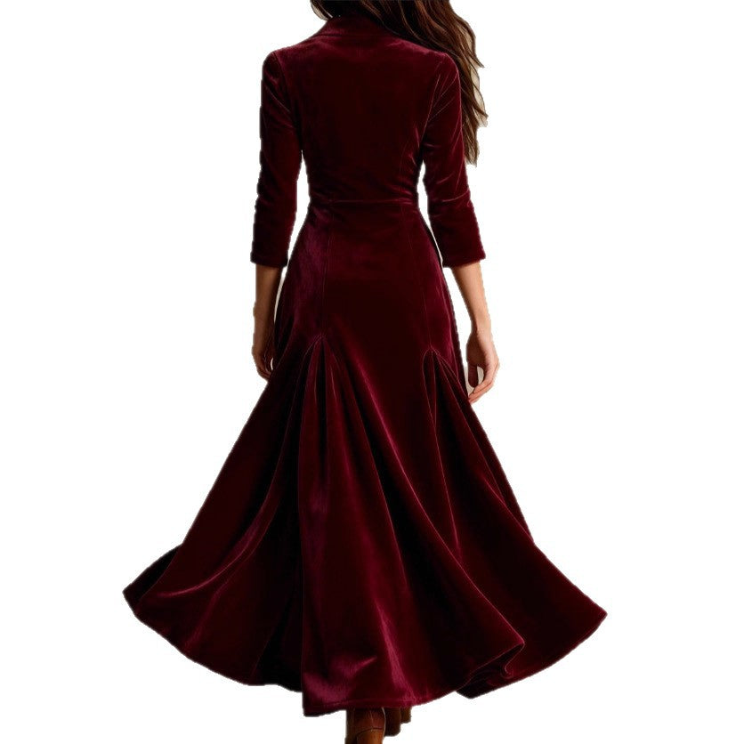 Women's Color Buttons Lapel Sleeve Maxi Waist Dress