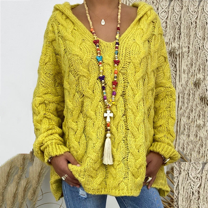 Women's Solid Color Twist Knitted Hoodie Sweater