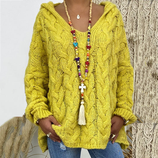 Women's Solid Color Twist Knitted Hoodie Sweater