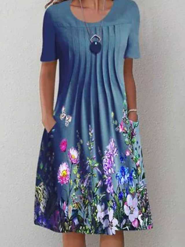 Women's Floral Print Round Neck Pullover Mid-length Dress
