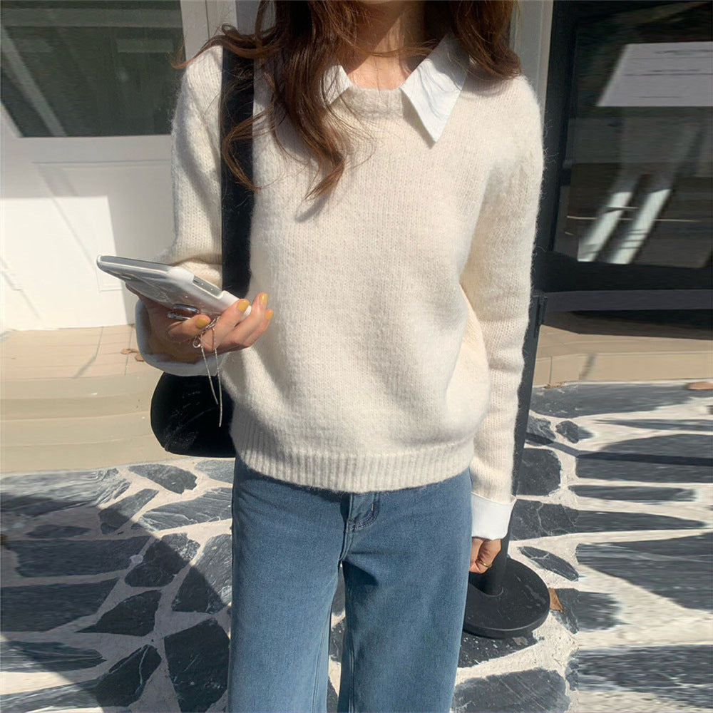 Women's Stitching Shirt Collar Fake Two-piece Knitted Sweater