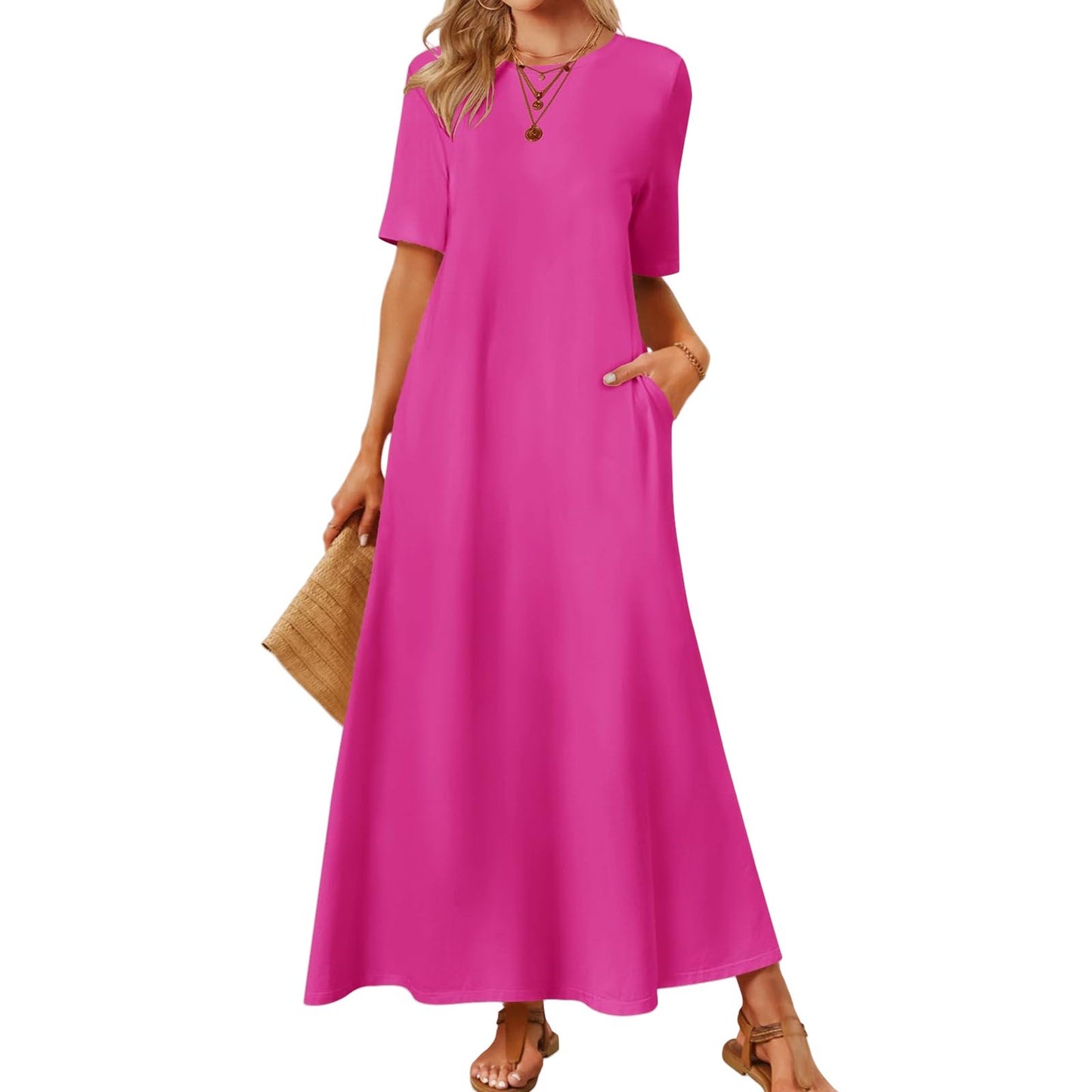 Women's Solid Color Round Neck Pocket Sleeve Dress