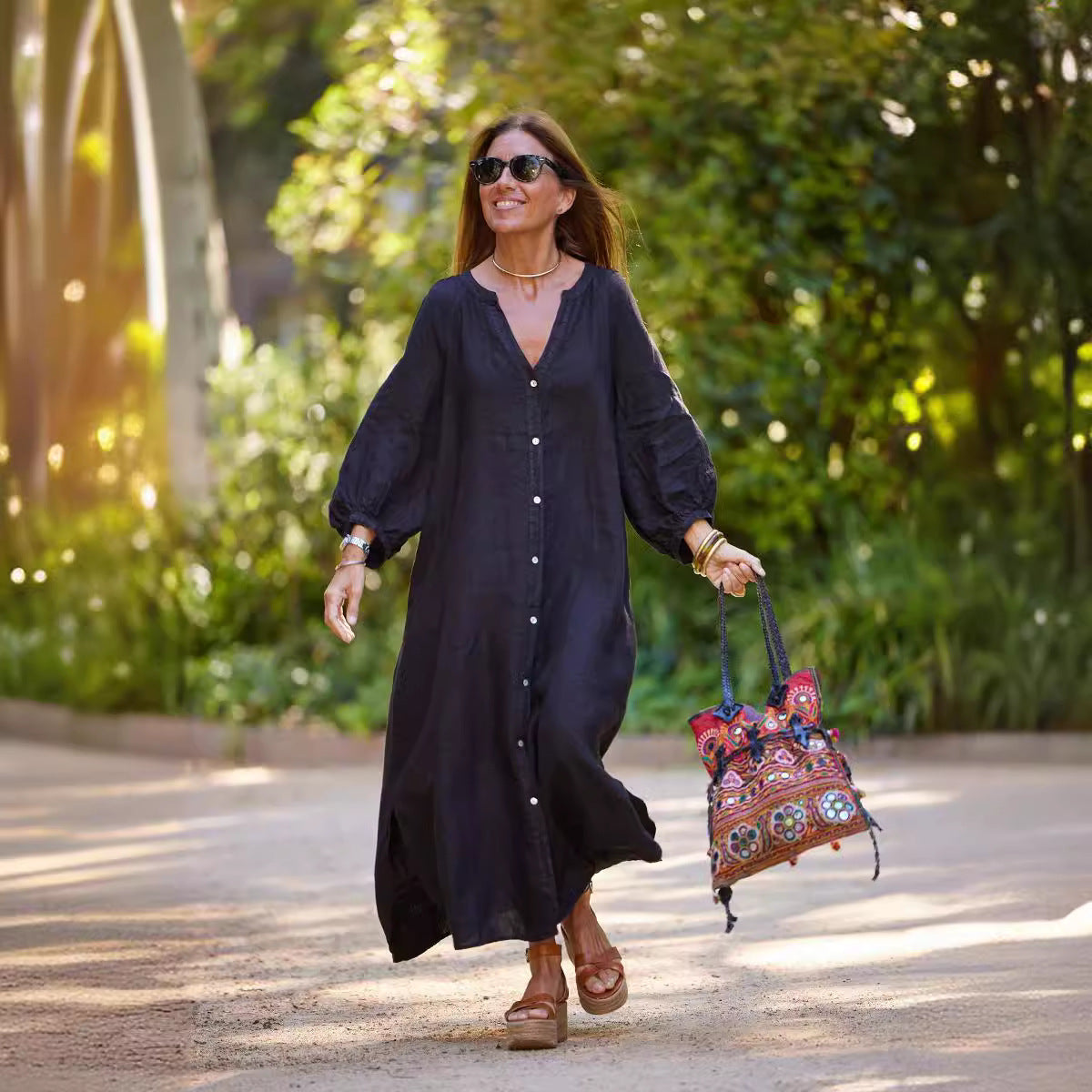 Women's Cotton Linen Fashion Casual Long Sleeve Dress